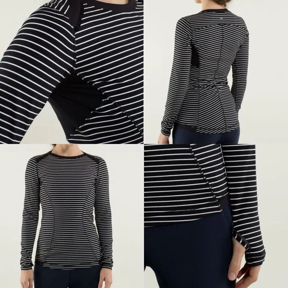 Lululemon Base Runner Long Sleeve Parallel Stripe Black White size 6